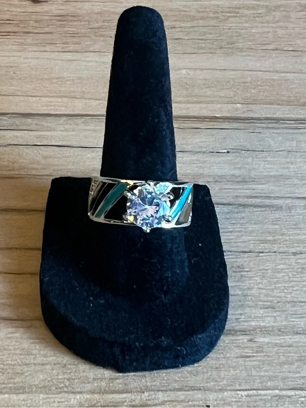 Turquoise Accent Ring with Clear Cubic Zirconia Center Stone-Silver Tone-Size 7